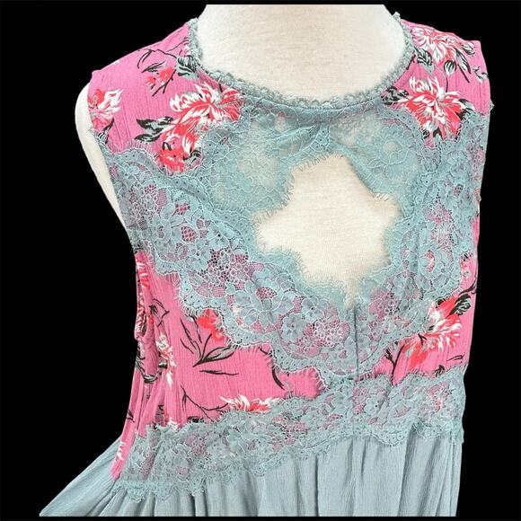 Umgee Sleeveless Dress Womens Large Pink Blue Floral Lace Keyhole Gauzy Flowy - Picture 3 of 12